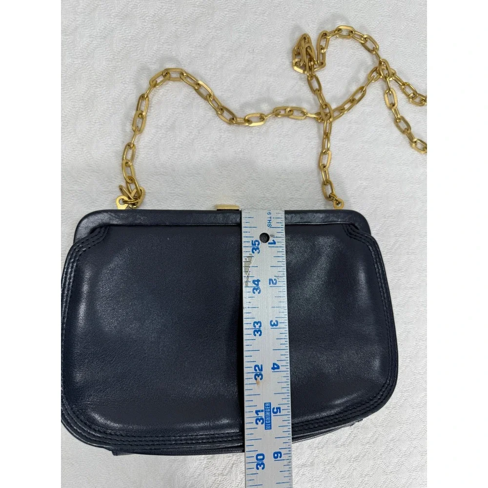 Liz Claiborne Vintage Navy Blue‎ Leather Frame Crossbody Bag Gold Chain Strap